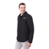 A black insulated shacket for men with a logo, featuring a button-up design and side pockets.
