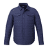 A navy insulated shacket featuring a button-up front and two chest pockets. It has a branding logo on the label.