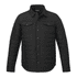 A black insulated shacket featuring a button-up front and two chest pockets. It has a logo on the design.