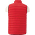 A red puffy vest with a high collar, featuring horizontal stitching and a logo.