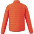 An orange puffer jacket with a quilted design and a collar, featuring a logo on one sleeve.