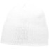 A white knit beanie with a simple design, featuring an unadorned texture and a small logo.