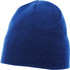 A blue knit beanie, unisex style, featuring a simple design with a subtle logo.