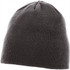 A grey unisex knit beanie featuring a smooth texture and a simple design, with a logo on the side.