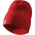 A red unisex knit beanie with a logo, featuring a classic design suitable for headwear.