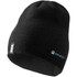 A black unisex knit beanie featuring a logo on the side, made from soft fabric.