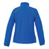 A blue women's packable rain jacket featuring a high collar and reflective detail on the back. It has a logo.