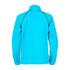 A blue women's rain jacket with a collar and long sleeves, featuring a logo on the back.