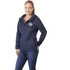 A navy blue women's rain jacket with a hood and a logo on the front.