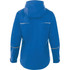 A blue women's rain jacket with a hood and reflective detailing on the back. It features a logo.