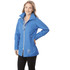 A woman wearing a blue rain jacket with a logo, featuring a zip closure and a high collar.