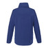 A blue women's rain jacket featuring a high collar, side panel details, and a logo.