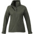 A women's softshell jacket in olive green featuring a front zip and a high collar. It has a logo on the sleeve.