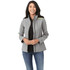 A grey women's softshell jacket with a fitted style, featuring a zip front and a logo on the upper arm.