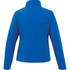 A blue women's softshell jacket featuring a collar and long sleeves. The back view shows a sleek design with a logo.
