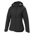 A black women's softshell jacket with a hood, featuring zippered pockets and a logo.