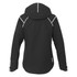 A women's black softshell jacket featuring a hood and reflective detailing on the back.