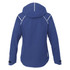 A women's softshell jacket in navy blue, featuring a hood and reflective detailing. The jacket has one logo.