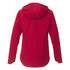 A red women's softshell jacket with a hood, featuring a sleek design and a logo on the back.