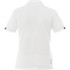 A white women's short sleeve polo shirt with a logo and contrasting details on the sleeves.