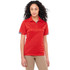 A red women's short sleeve polo shirt with grey accents and a logo on the chest.