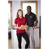 A red women's polo shirt with short sleeves displayed on a model, alongside a man in a black polo shirt, both smiling.
