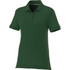 A green women's short sleeve polo shirt with a collar and a logo.