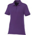 A purple women's short sleeve polo shirt with a collar and buttons, featuring a logo.