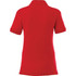 A red women's polo shirt with short sleeves and a collar, featuring a branding logo.