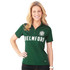 A green polo shirt with a collar designed for women, featuring a logo and short sleeves.