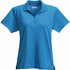 A blue short sleeve polo shirt for women, featuring a collared neckline and a logo.
