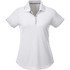A women's short sleeve polo shirt in white with grey accents and a collar, featuring a logo.