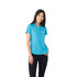 A women's short sleeve polo in bright blue, featuring a collar and a logo on the chest.