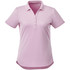 A pink women's polo shirt with a collar and buttons, featuring a logo on the front.
