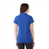 A women's short sleeve polo in bright blue, featuring a collar and a logo on the back.