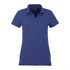 A women's short sleeve polo shirt in navy blue, featuring a collar and a logo.