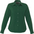 A green button-up long sleeve shirt for women with a collar and buttons. It features a logo on the fabric.