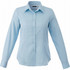 A light blue women's button-up shirt with a collared neckline and long sleeves, featuring a logo on the fabric.