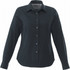 A dark green women's button-up shirt with long sleeves and a collar, featuring a logo on the chest.
