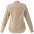 A women's long sleeve button-up shirt in a light beige colour, featuring a back yoke and cuffs, with a logo.