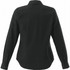 A black women's button-up shirt with long sleeves and a collar, featuring a logo on the back.