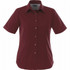A burgundy short sleeve button-up shirt for women, featuring a classic collar and a logo on the label.