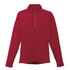 A women's quarter zip jumper in red with long sleeves and a high collar, featuring a branding logo.