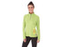 A women's quarter-zip jumper in bright green, featuring a logo and text on the side.