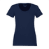 A navy women's short sleeve tee featuring a rounded neckline and a logo.