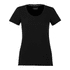 A black women's short sleeve t-shirt featuring a round neckline and a logo on the inside collar.