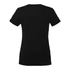 A black women's short sleeve t-shirt, featuring a simple design and a logo on the back.