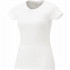 A white short sleeve women's t-shirt with a fitted design and a round neckline. It features a logo.
