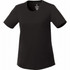 A black short sleeve tech tee for women with a round neckline and a logo on the label.