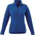 A women's polar fleece jacket in a vibrant blue, featuring a zip front and side pockets, with a logo on the chest.